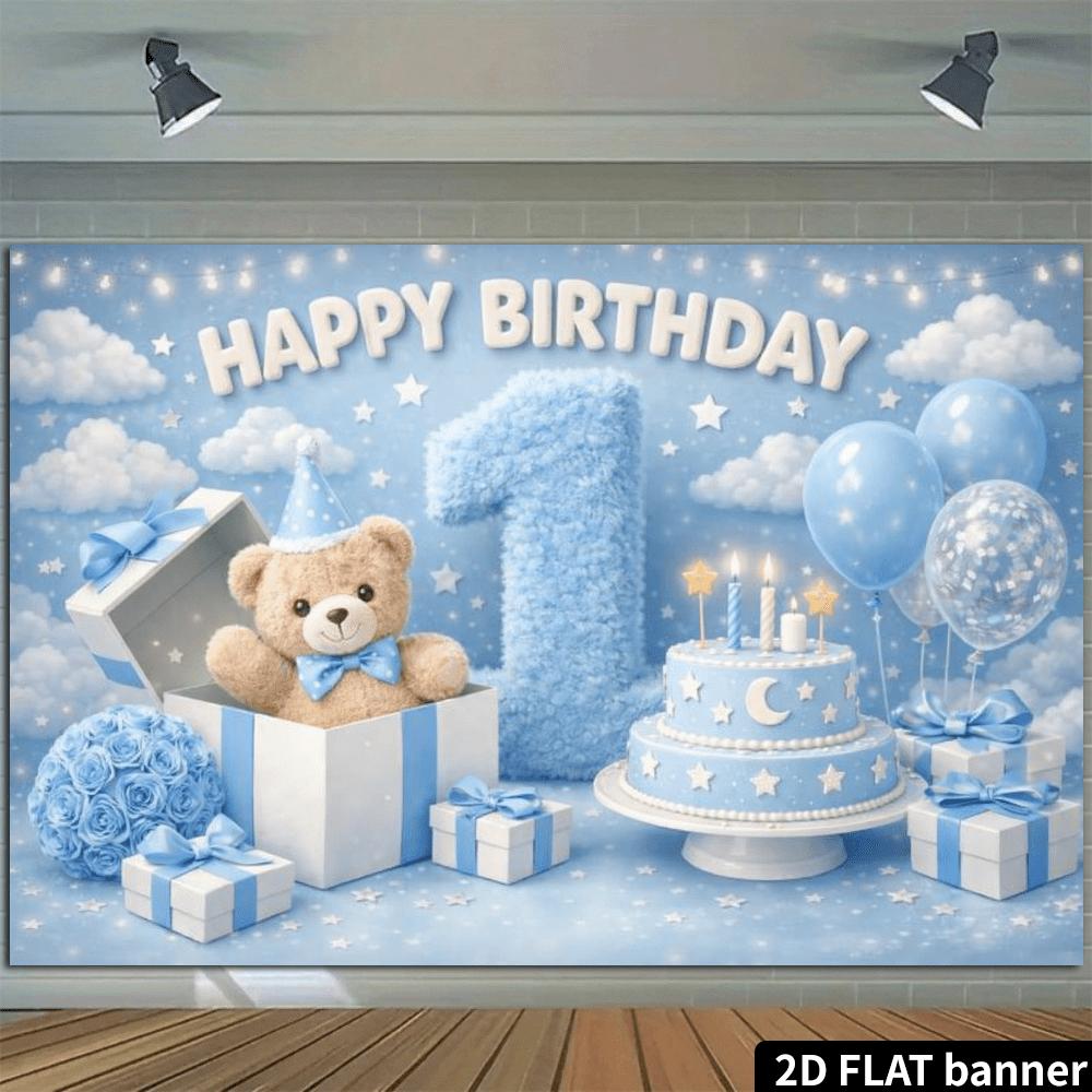 2D Plane Blue Sky White Clouds Little Bear 1st Birthday Background Cloth Birthday Celebration Background