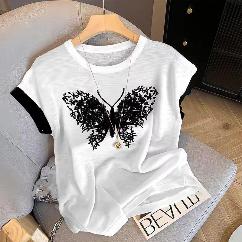 Women's Round Neck Short Sleeve Top Loose Fit Butterfly Print Casual T Shirt Summer Basic Tee