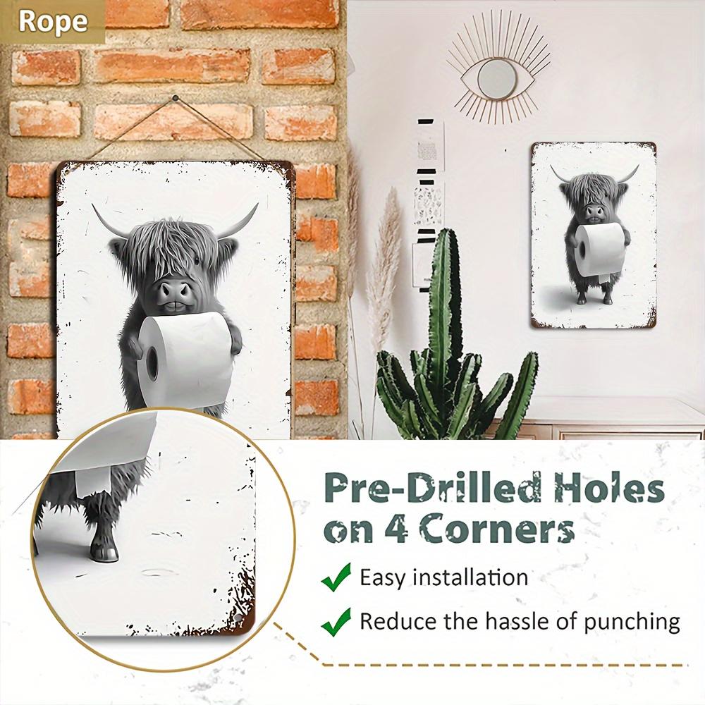 1 Whimsical Highland Cow with Toilet Paper Metal Tin Sign 12x8 Inch - Charming Bathroom Wall Art - Quirky Farmhouse Decor