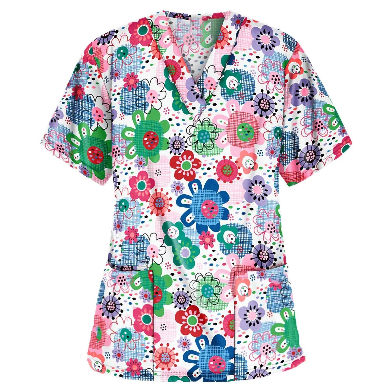 Хирургические костюмы женские скрабы V-образный вырез короткий рукав топы женская медицинская униформа ветеринарная клиническая униформа принт милого щенка мультяшный 2XL