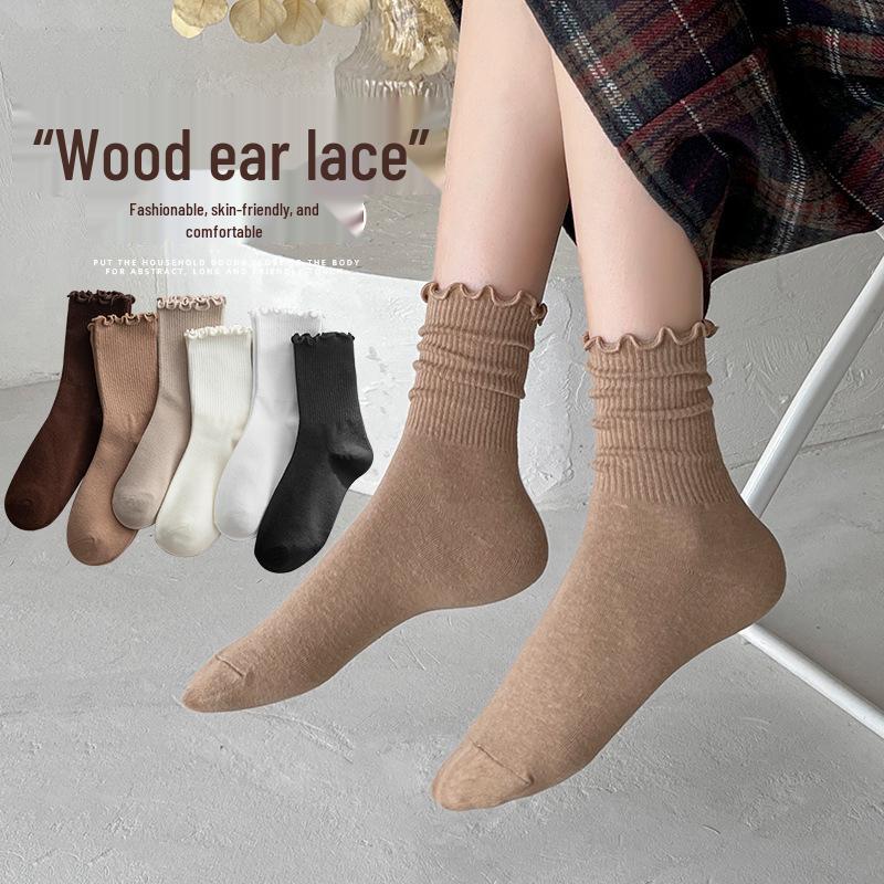 Women's Cute Japanese Style Ruffle Mid-Calf Lace Socks - Solid Color, Warm for Autumn & Winter