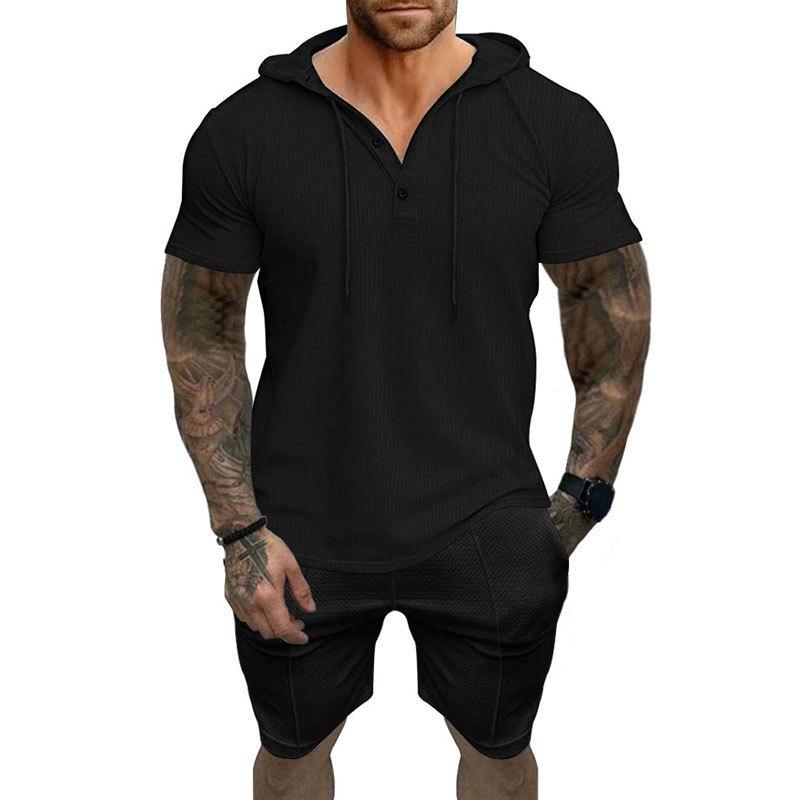2025 Men's Summer Casual Set: Short Sleeve Henley T-shirt, Hooded Shirt & Shorts