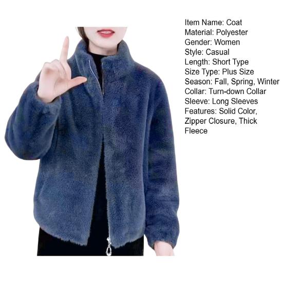 Women Winter Coat Thick Faux Fur Turn-down Collar Short Type Zip-up Cardigan Long Sleeves Cold-proof Outerwear School Outdoor Jacket