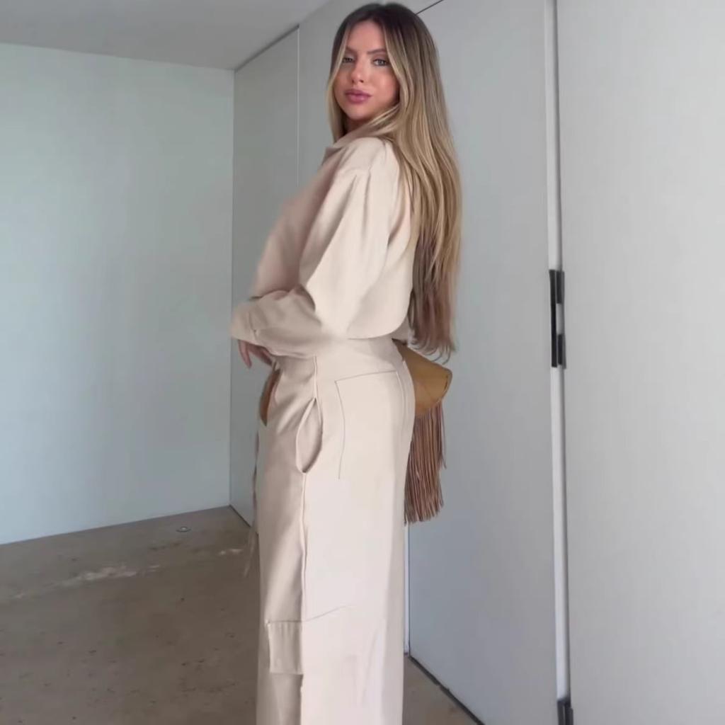 Cross-border European and American Long-sleeve Collared Sexy Backless Short Women's Top, Export Temperament, Lace-up Slim Pants Set