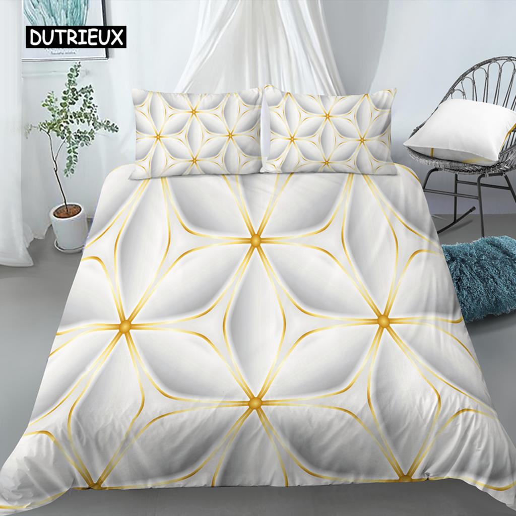Set Copripiumino Geometrico Misura King Bianco Tonalità Oro Set Biancheria da Letto Bohemien Copripiumino Morbido con Federa Copripiumino Singolo