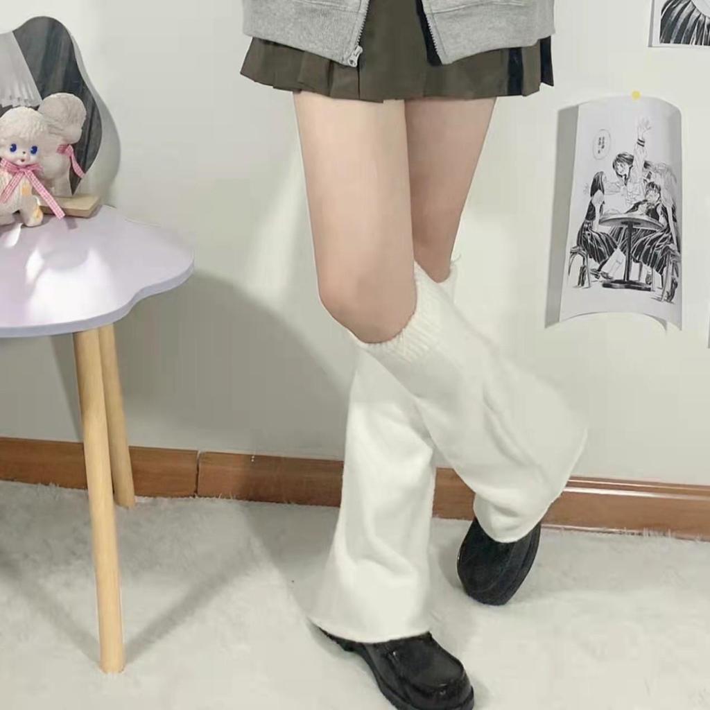 Gray-Powder Striped Wide-Leg Flared Socks - Knitted Autumn/Winter Calf Socks for Hot Girl Subculture