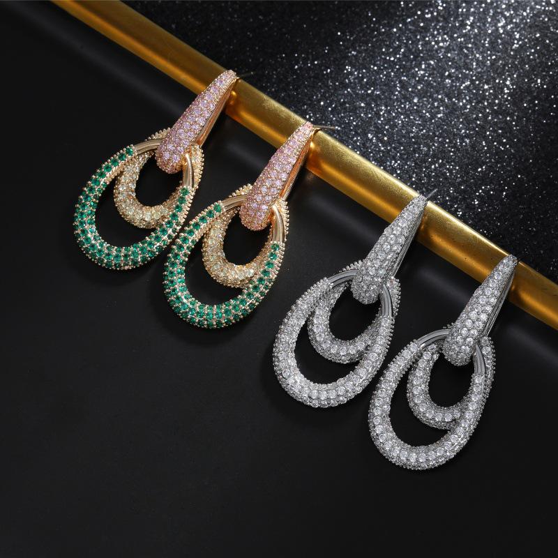 High-End Women's Zirconia-Inlaid S925 Silver Geometric Hoop Dangle Earrings