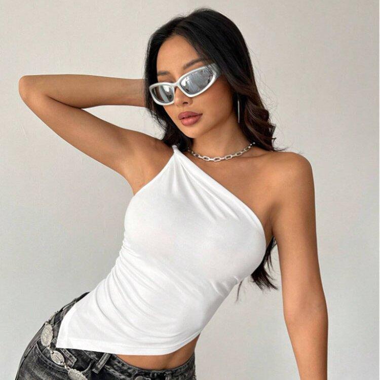 2025 Nové Módní Ležérní Dámské Tričko Jednobarevné Jedno Rameno Asymetrický Slim Fit Top Jednodílný Výstřih