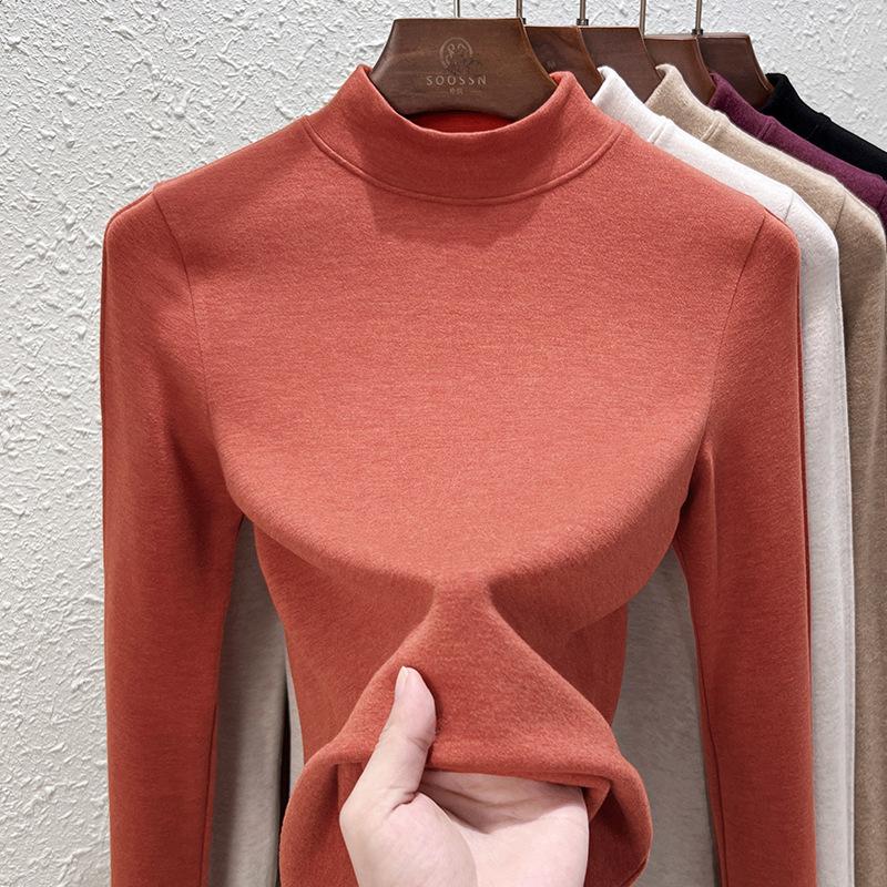 German Velvet Cashmere Semi-turtleneck Bottoming Shirt Women's Black Technology Thermal Clothing Autumn and Winter Thick with Velvet Black Top