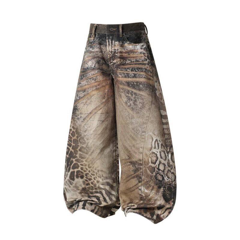 Vintage American 3D Printed Leopard Tiger Patchwork Jeans High Waist Wide Leg Slim Flare Pants