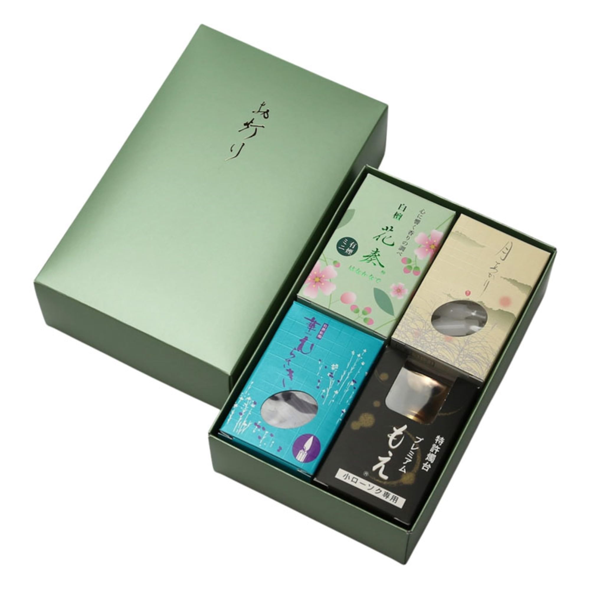 

Gift Set of 4: Tsukiakari (Thick) 8-minute Lights, Small Box, Hanamurasaki Mini, Hanasou Incense, and Moe Candlesticks. Tokai Seiro 300-63, Made in