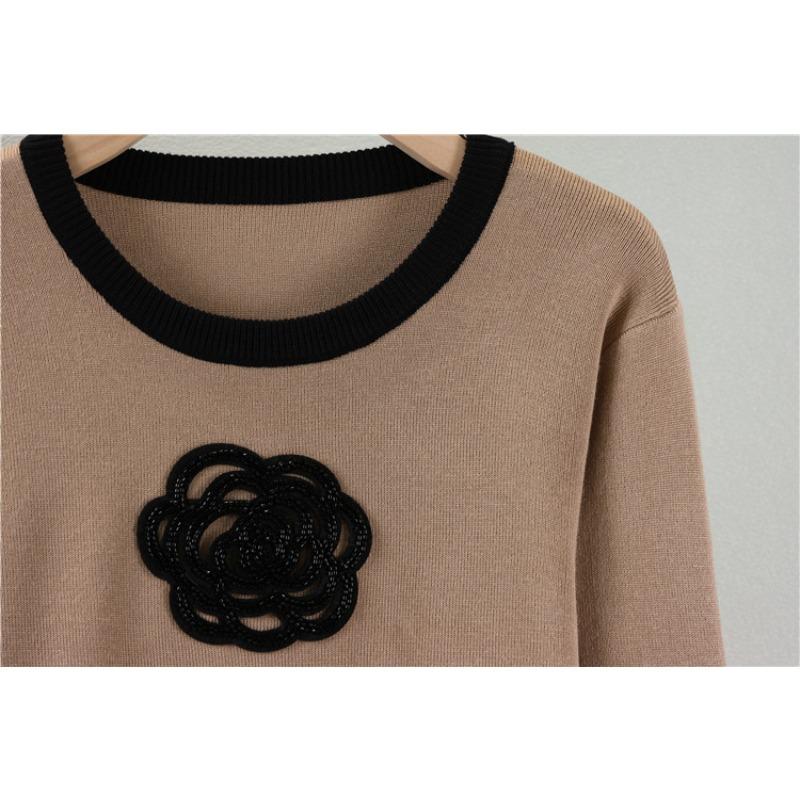 Set de tricot Camellia de toamnă pentru femei de mărime mare Pulover tricotat cu gât rotund Pantaloni largi Costum cu pantaloni temperament