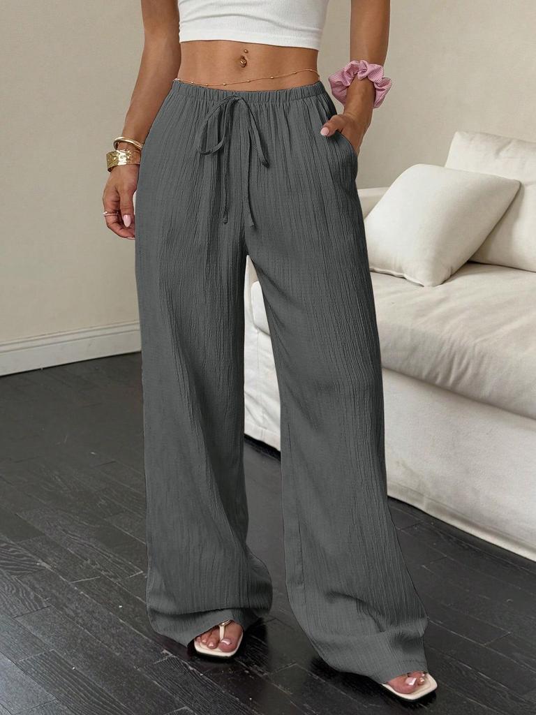 2026 Summer Women's Casual Wide-Leg Pants with Knot Waist and Slanted Pockets