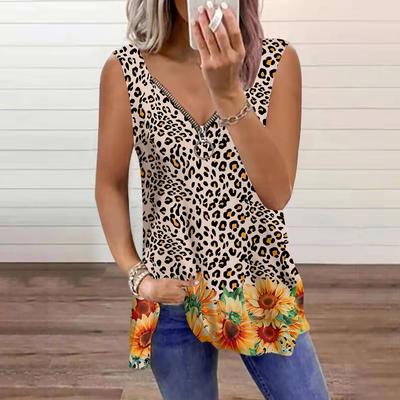 Women's Top Summer Leopard Print Printed Casual Plus Size Sleeveless Zipper V-neck Top Tank Top