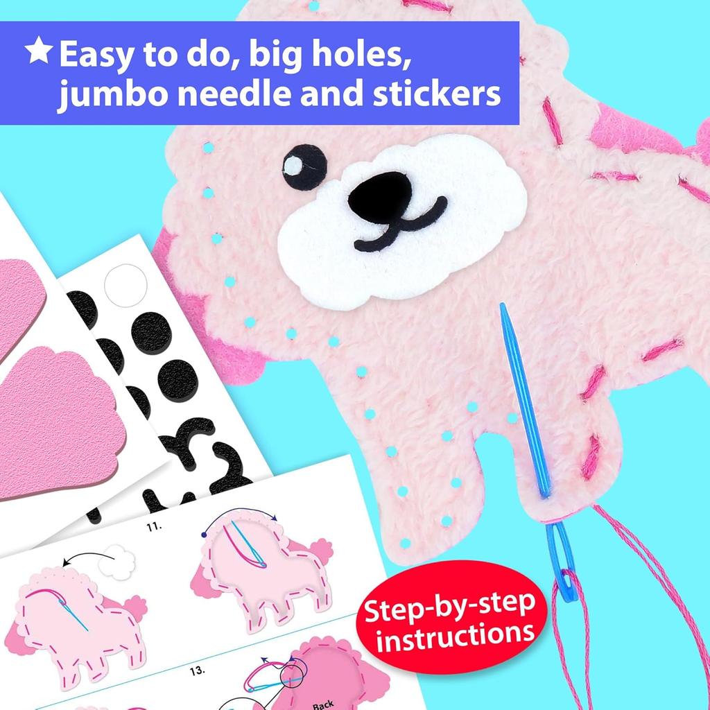 KRAFUN Easy Sew Puppy and Kitten for Arts and Crafts Beginners for Kids, 8 Easy DIY Projects with Stuffed Animal Dolls of Puppies and Kittens, Gift