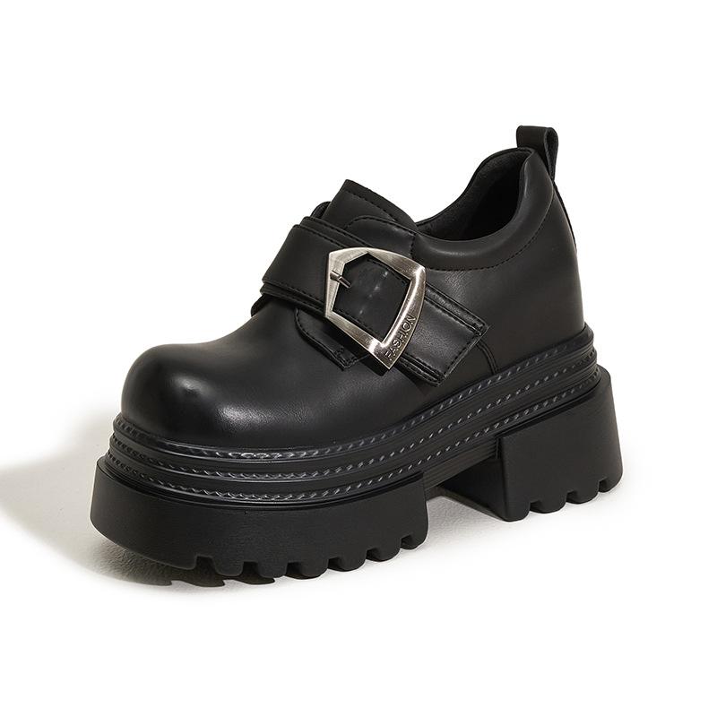 

Platform-soled loafers women s 2025 spring new inner height-increasing women s shoes thick heel and thin one-pedal metal buckle small leather shoes 34 чорний