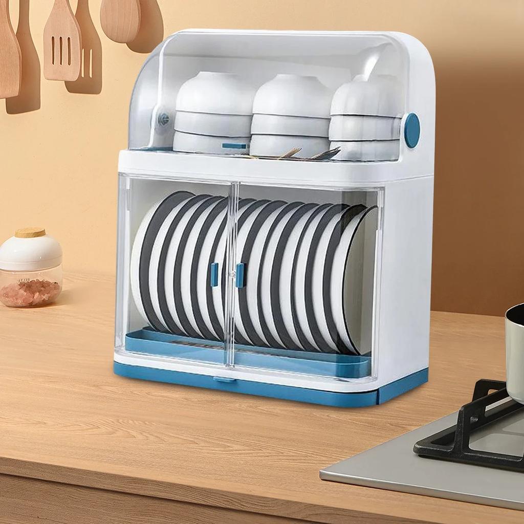 Bymaocar 2-layer Dish Drying Rack Kitchen Drainage Storage Rack, Cutlery Drainer PP Plastic with Detachable Drip Tray Dust-proof