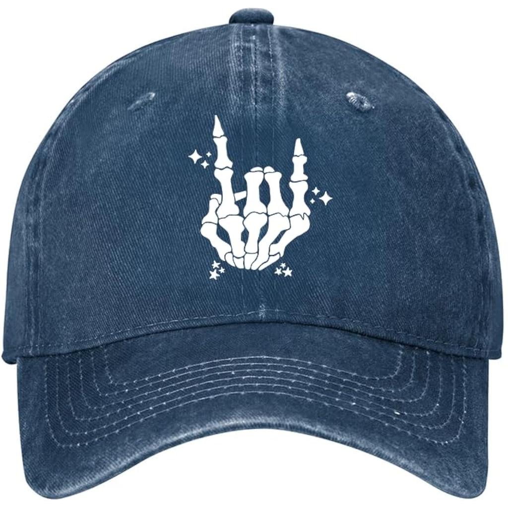 Skeleton Rock Hand Sign Baseball Cap Punk Cotton Washed Adjustable Hat for Men Women Outdoor