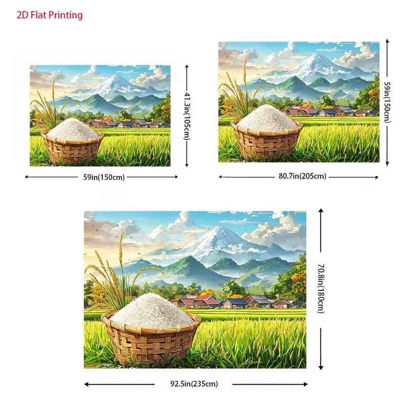 2D Countryside Rice Tapestry, Rural Farm Scene with Mount Fuji and Rice