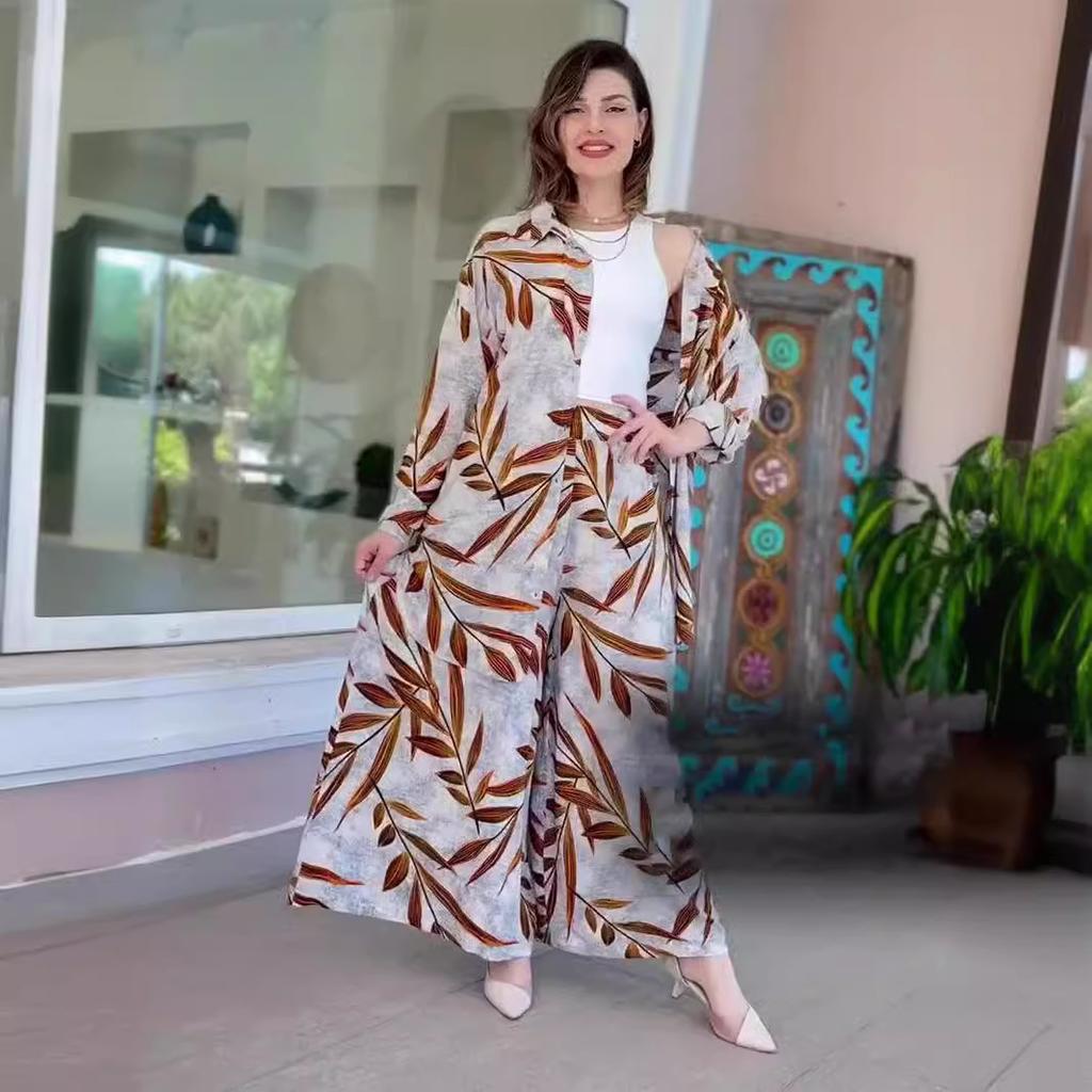 2026 Amazon Europe and the United States summer new fashion printed cardigan wide-leg pants trousers set cross-border hot-selling fashion