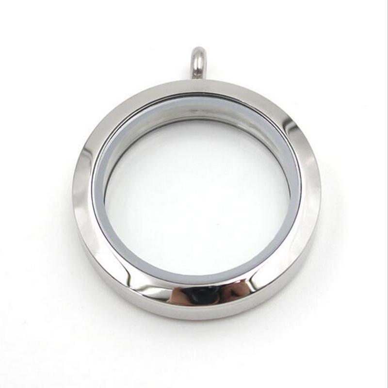 Round Locket Pendant Necklace 30mm Glossy Stainless Steel Clear Glass Living Floating Memory Charms Stone Storage Souvenir Round серебряный