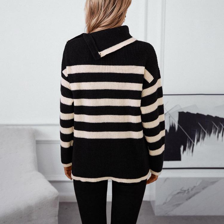 Vintage Loose Stand Collar Long Sleeve Stripe Knitwear Sweater Pullover Top Autumn Winter