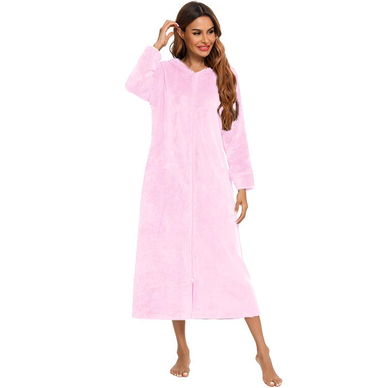 Bata de felpa con cremallera para mujer con capucha térmica larga bata de noche invierno comodidad cremallera reclinable pijama bata de casa ropa casual bata de noche