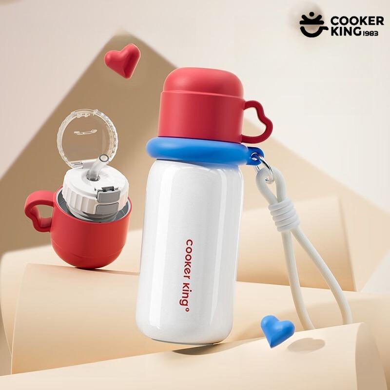 COOKER KING 480ML Children's Thermos Cup 316/304 Stainless Steel+PP Straw Cup with Carrying Rope Waterbottle for School Use