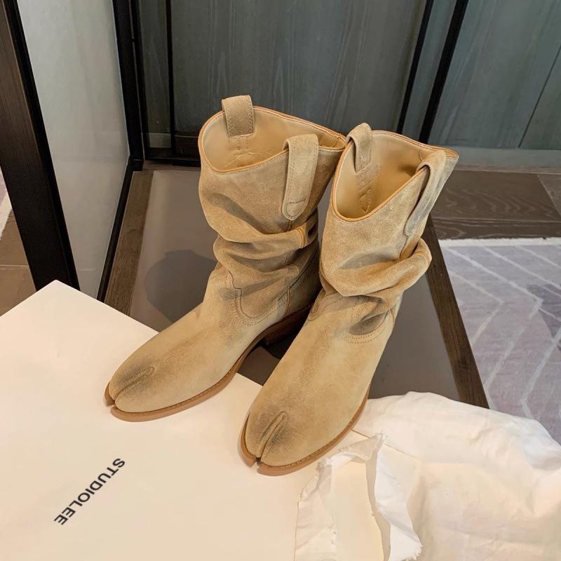 

Round head pig s trotters split-toed boots cool sa thick heel pleated western pile boots autumn 34 чёрный