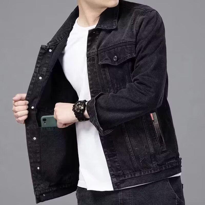 Trendy Men's Slim Fit Black Denim Jacket for Spring/Autumn - Youth Student Fashion