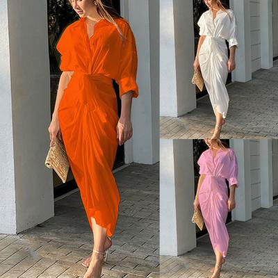 Modisches, einfarbiges, langärmliges, mittellanges Hemdkleid für Damen