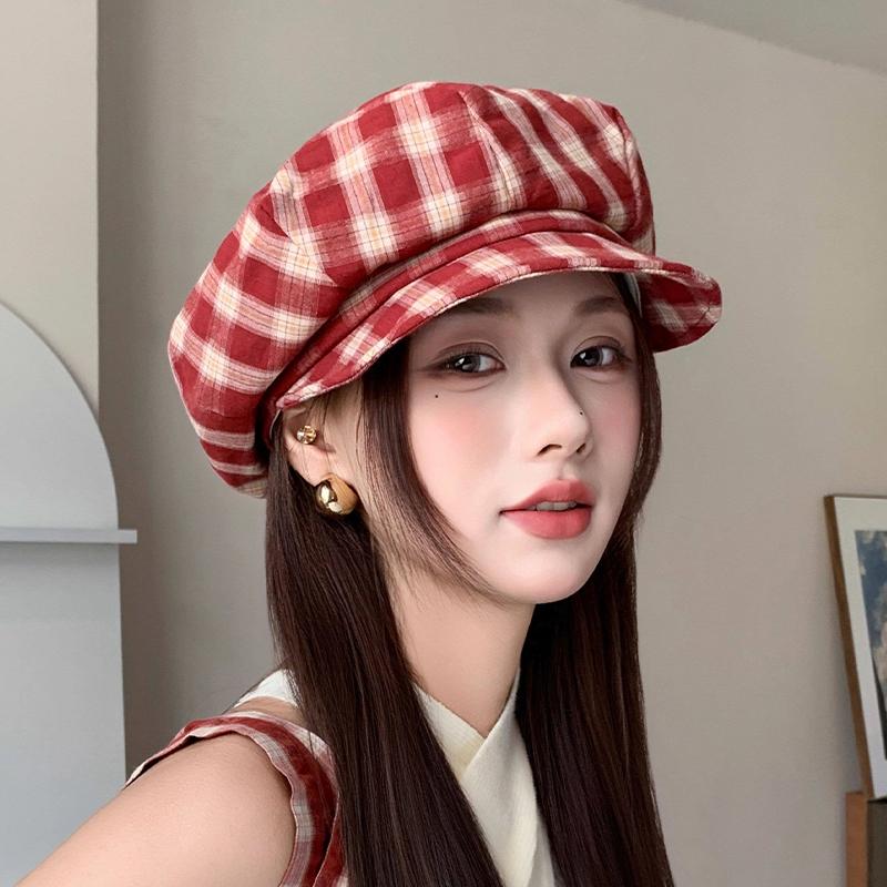 Korean Retro Plaid Beret Hat For Women Y2K Contrast Color Checked Beanie Cap Summer Travel Versatile Face Slimming Hat