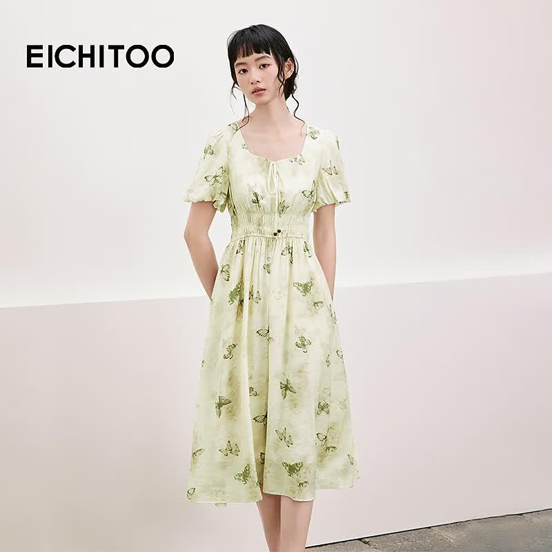 EICHITOO French Collar Butterfly Print Short Sleeve Dress L