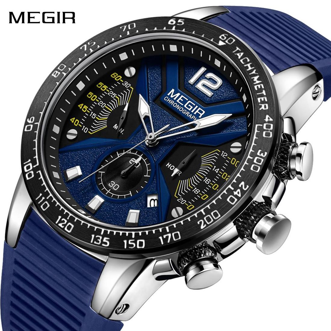 Megir Men's Blue Relogio Masculino Watches Silicone Sport Chronograph Quartz Military Watch Luxury Brand Zegarek Meski Erkek Kol Saati