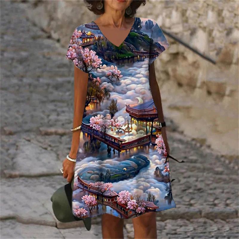 Fantasy 3D Print Women Dress Fashion Elegant Sweet Casual V-Neck Short Sleeve A-Line Dress Oversized Summer Scenery Dress