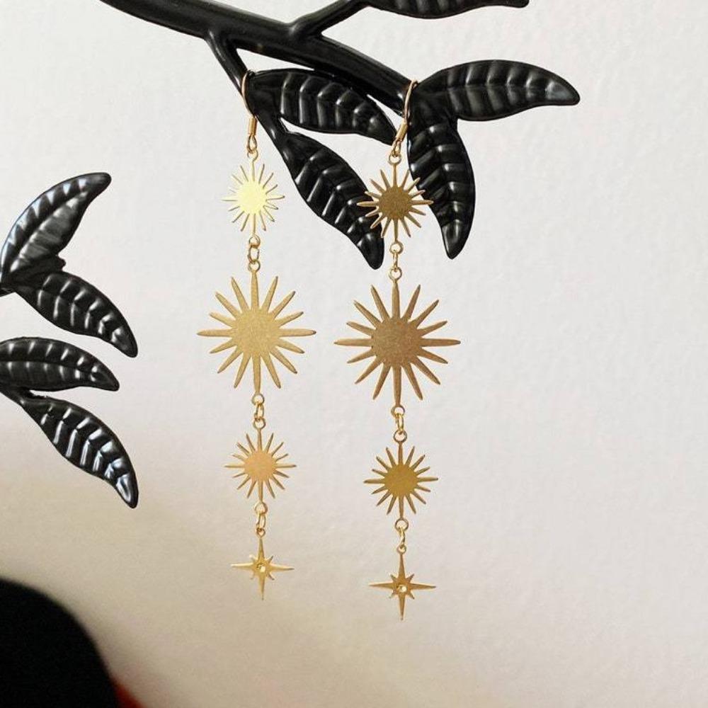 Temperament Bohemian Gold Color Stainless Steel Sun Awn Star Long Pendant Dangle Earrings for Women Charm Jewelry Accessory Gift