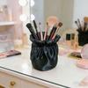 Pen Holder Large Capacity Makeup Brush Storage Holder with Soft Pink Satin Texture Design Stable Base Organizer for Home Dormitory