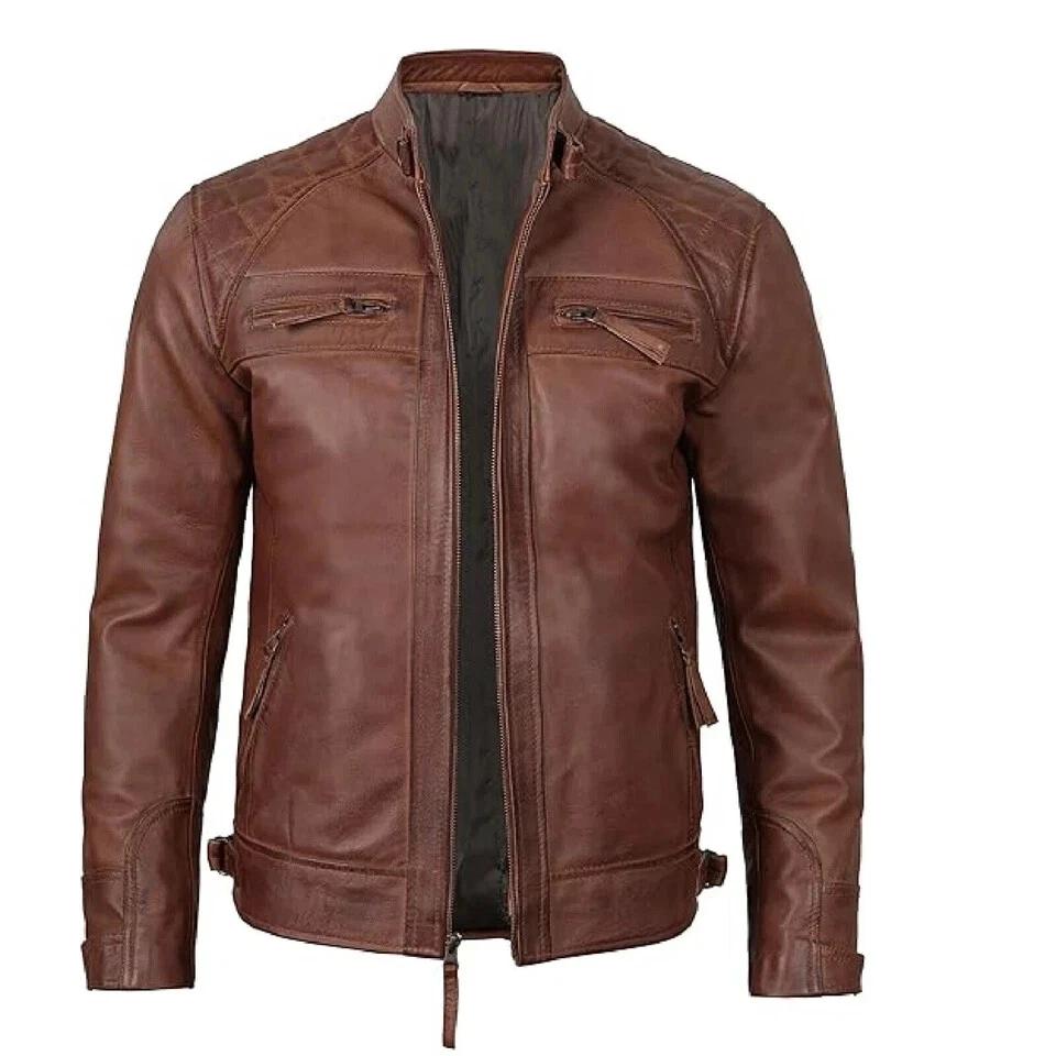 Men Fashionable Jacket Stylish Brown Soft Leather Handmade Genuine Lambskin Motorcycle Biker