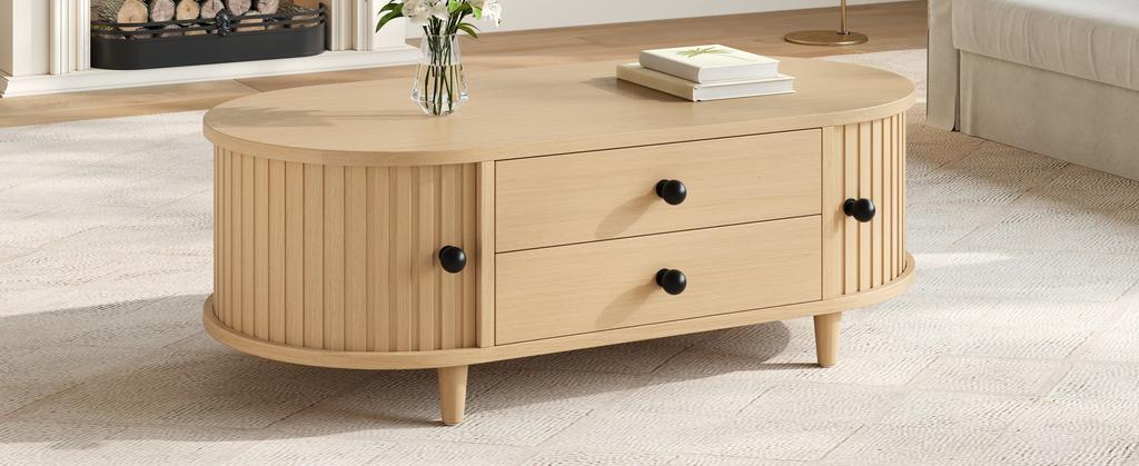 Round Coffee Table with Roller Doors, Light Wood, 2 Drawers, MDF Living Room Table with Solid Wood Legs, 100×50×36cm, Load Capacity Up To 50kg