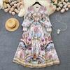 French Court Vintage Printing Temperament V-neck Bubble Sleeve Long Slim Dress High-end Niche Dress Skirt