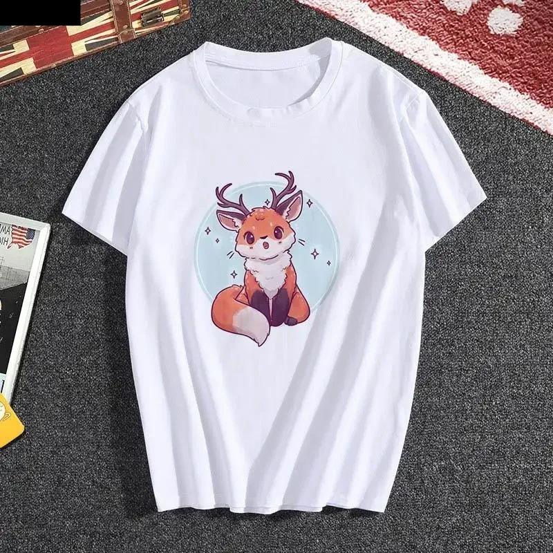 Kawaii Fox Print Ladies Tshirt Ladies Casual Basis Ocollar White T Shirt Short Sleeve Ladies Tshirt Cute Animal Graphics Tops