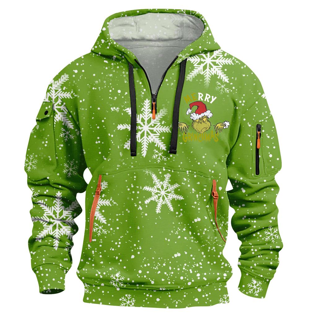 Men's Christmas Print Hooded Half-Zip Casual Sports Sweatshirt