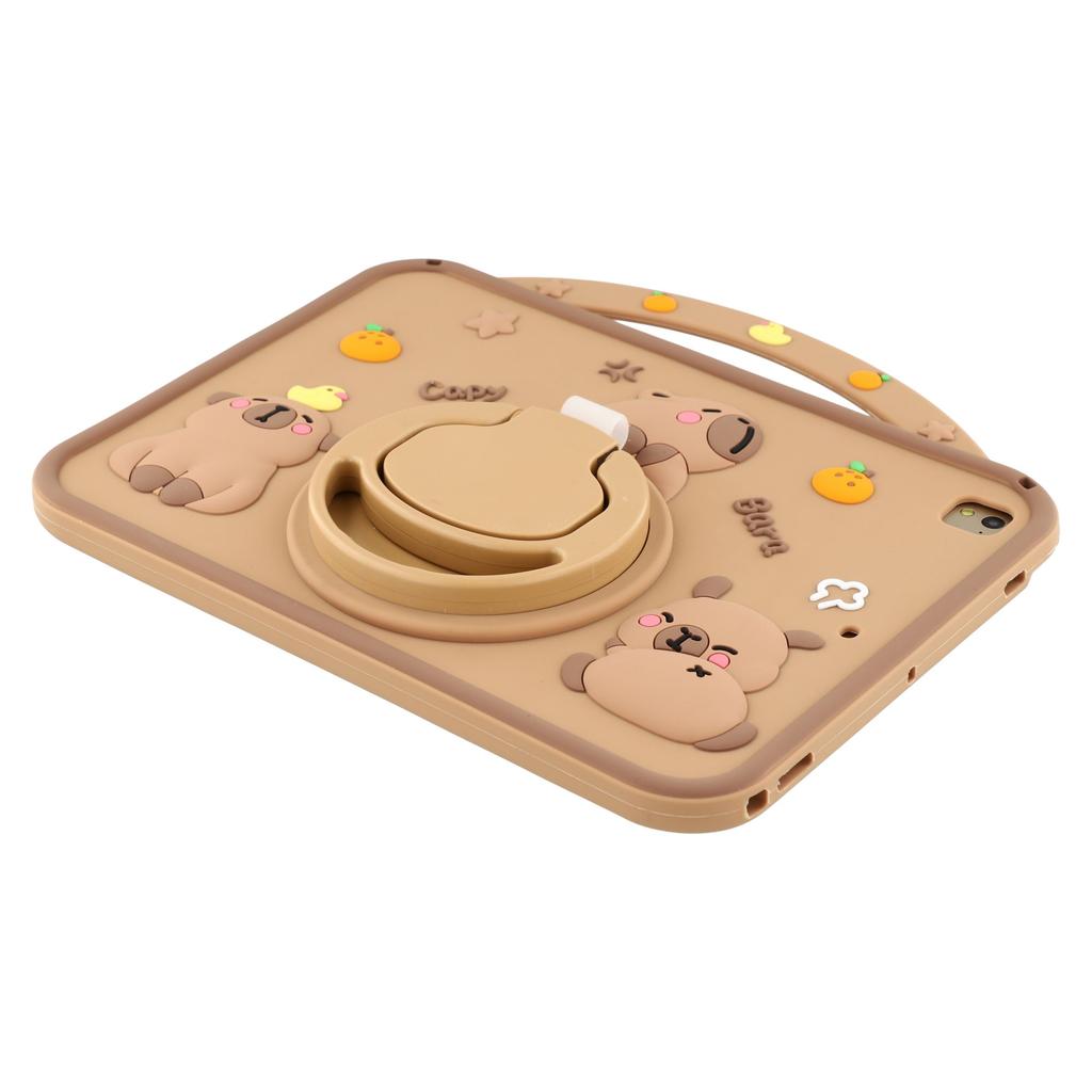For iPad 9.7-inch (2018)/(2017) Silicone Case with Handle 360 Degree Rotating Kickstand Protective Cover Capybara Pattern
