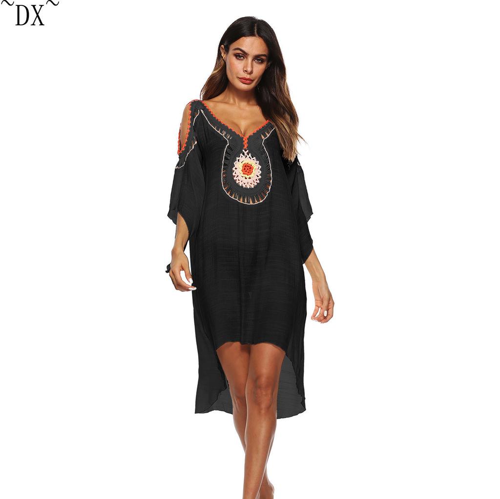 DX~~Women's New Sexy Bikini Cover Up Handhook Spliced Hollow Off Shoulder Dress