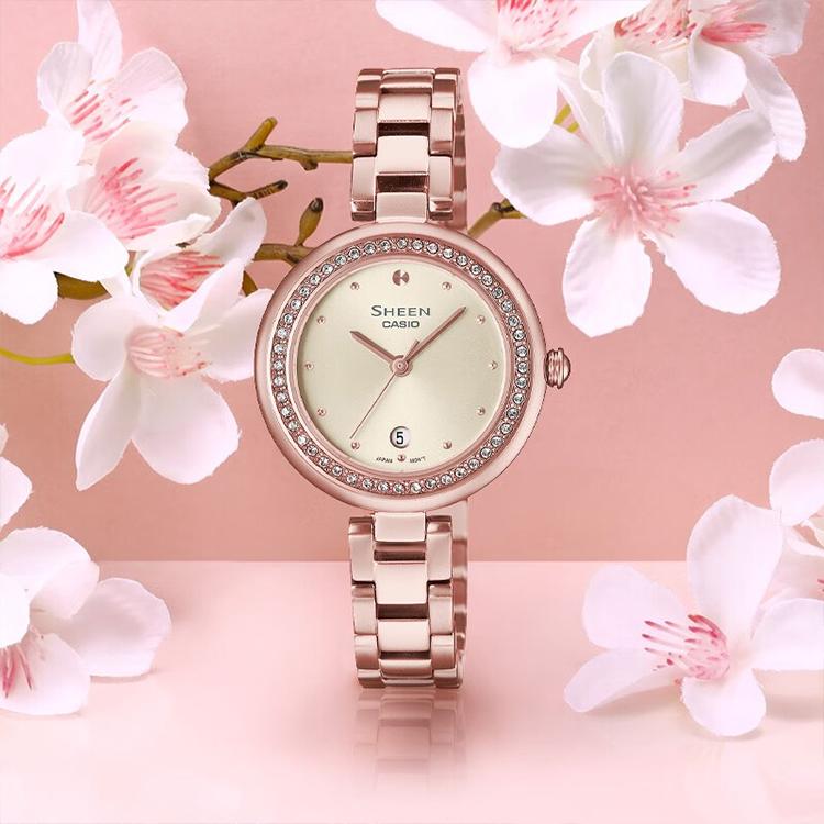 Casio SHEEN Quartz Movement Stainless Steel Strap Watch Women's Watch Gold Dial SHE-4557CG-7AUPR