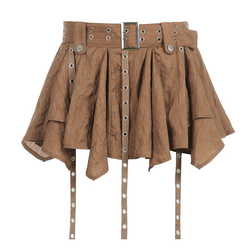 

Laser Lazer Fashion Waste Soil Wind Retro Asymmetrical Umbrella Skirt Exotic Bohemia Belt Skirt Coffee S