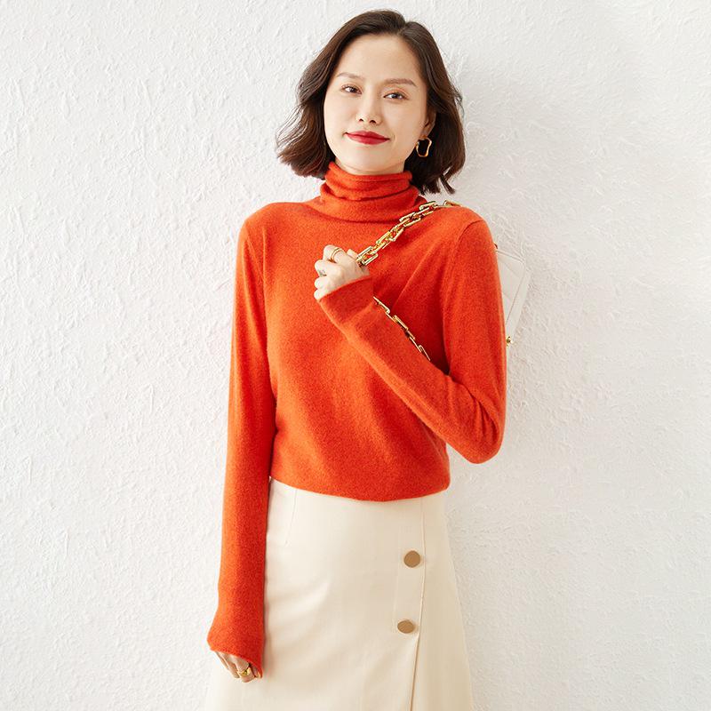 Women's High-Neck Solid Color Woolen Sweater - Slim Fit Knit Pullover for Autumn/Winter