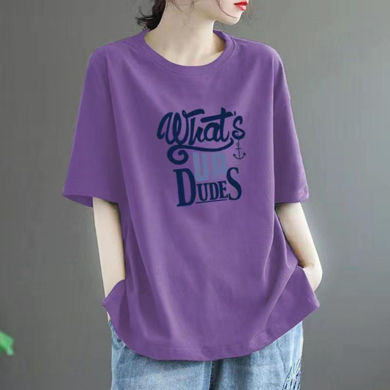 Cotton Short-sleeved T-shirt Women's Summer Loose Large Size All-match Western Casual Printed Top Trend