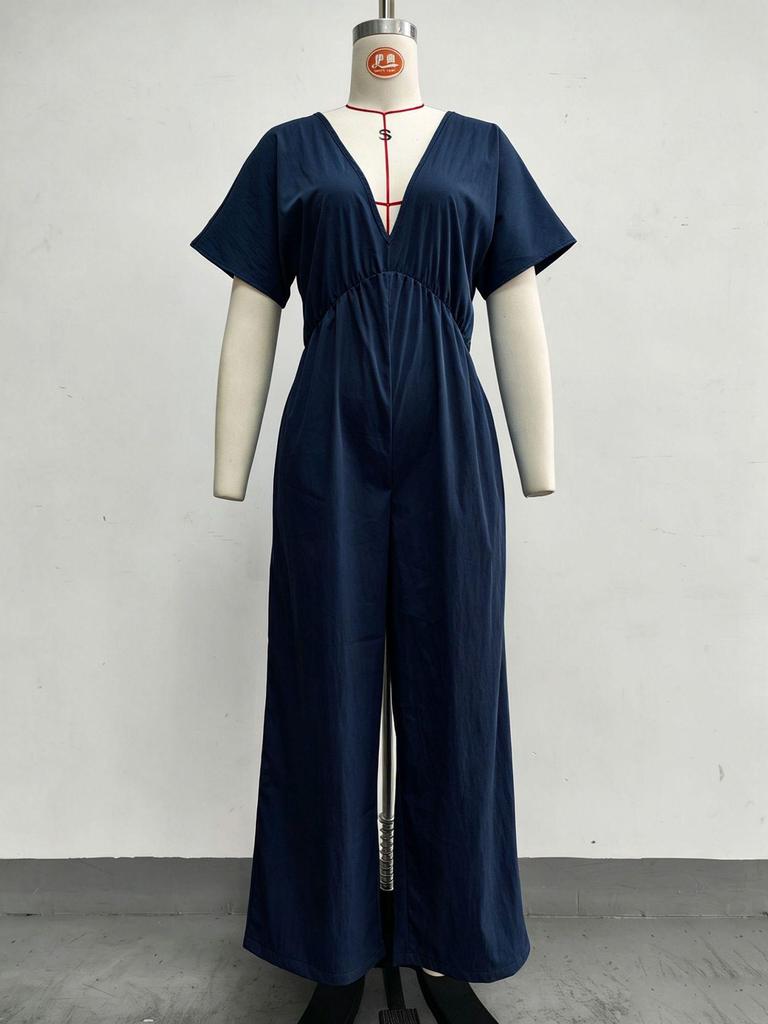 2026 Europese & Amerikaanse Dames Zomer Trendy Diepe V-hals Straatstijl Losse Taille-Cinchende Jumpsuit
