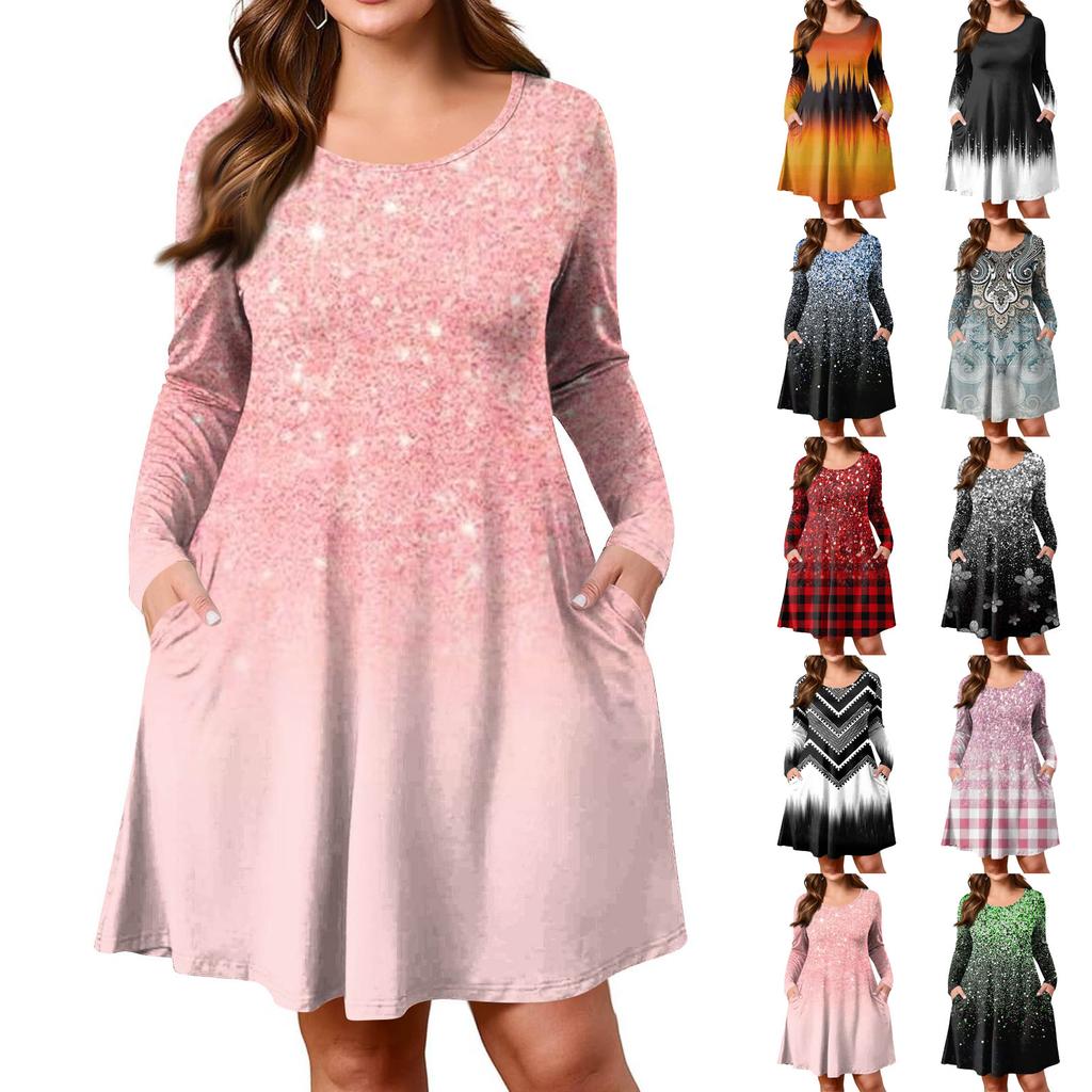 Plus Size Women's Gradient Print Casual Spring/Autumn Pocket Round Neck Long Sleeve Dress